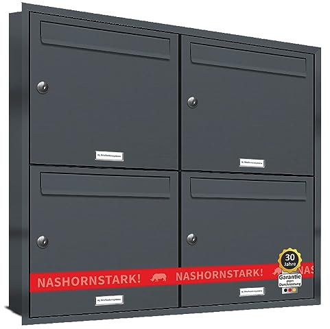 AL Briefkastensysteme, 4er Unterputzbriefkasten in Anthrazit Grau RAL 7016, Briefkastenanlage 4 Fach, Postkasten modern