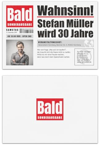 Kartenmachen.de Personalisierte witzige Einladungskarten zum Geburtstag (ab 10 bis 100 Stück) als Zeitung Presse Meldung Magazin Nachrichten, DIN A6, dickes 300g/qm Papier