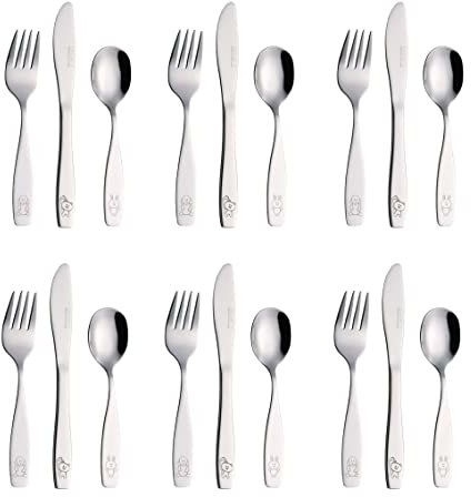 EXZACT Kinderbesteck Set 18 Teiliges Edelstahl - Besteck Kinder ab 2 Jahre - Spülmaschinengeeignet Gravurbesteck - 6 x Gabeln, 6 x Sicherheitsmesser, 6 x Esslöffel (Hund Katze Hase x 18)