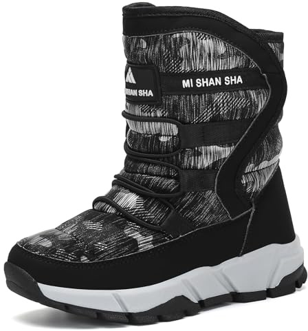 Mishansha Snow Boots for Kids Outdoor Waterproof Boys Winter Boots Toddler Plush Linning Warm Boot for Walking Skiing Black/Silver 9.5