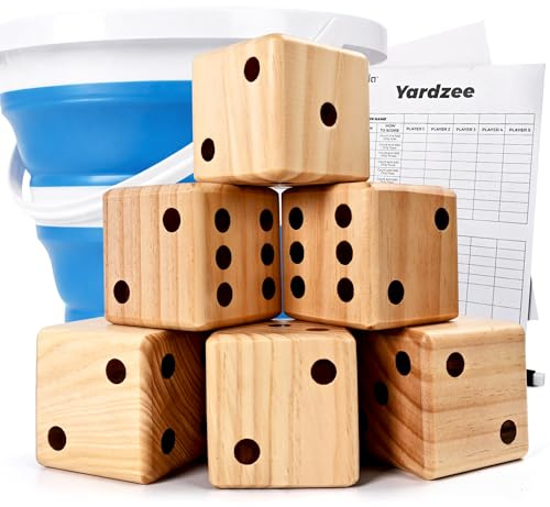 ropoda 3.5 Giant Wooden Yard Dice Set for Outdoor Fun, Barbeque, Party Events, Backyard Games, Lawn Games Includes 6 Dice, Collapsible Bucket, Score Cards & Dry Erase Marker