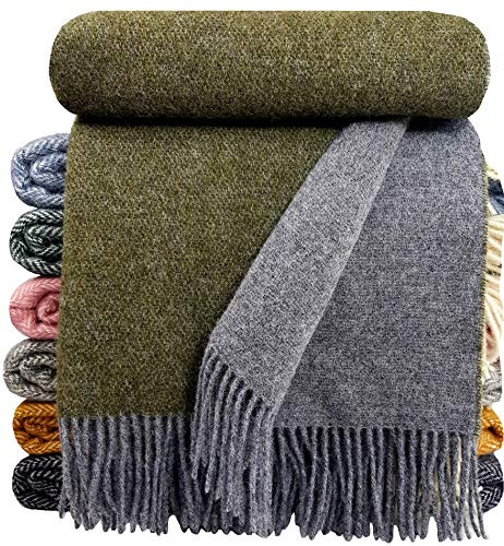 STTS International Wolldecke 100% Schurwolle Wohndecke in versch. Farben 140 x 200 cm Tagesdecke Schurwolldecke Woll-Plaid Tirol (Grau-Olive (Double Face), 140 x 200 cm)