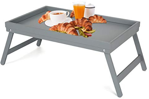 Vencier Bamboo Bed Tray, Folding Legs, Raised Edge, For Breakfast in Bed and Serving, HWD: 22x64x31cm, White (Grey)