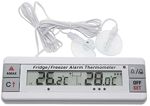 Kühlschrank-/Gefrierschrank-Alarm-Thermometer, 2 Kanäle, Kühlschrank-Thermometer mit LED-Alarmanzeige, Max/Min Speicher für Zuhause, Küche, Restaurants, Bars, Cafés