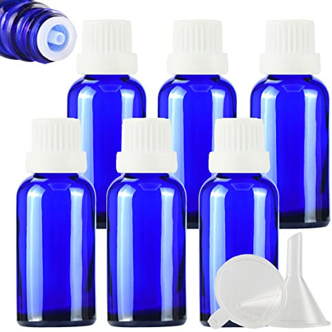 ZEOABSY 6 Stück Leer 30ml Braunglas Flasche mit Tropfmontur Originalitätsverschluss, Tropfflasche Blau mit Weiß Schraubverschluss Glasflaschen für Ätherisches Öle Essenzen Aromatherapie