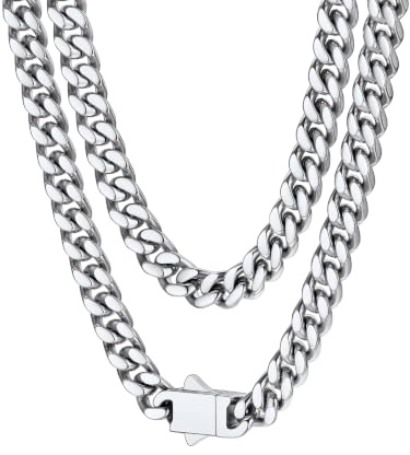 ChainsPro Mens Chain Necklace, Stainless Steel Cuban Chain Necklace, Silver/Gold/Black Curb Chains Link Necklaces 5/7/9/12mm Width 18/20/22/24/26/28/30 inch Length