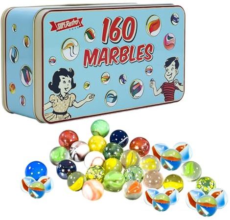 160 biglie assortite in scatola latta 3 misure - design divertente e retro, occhi di gatto tradizionali, gioco interno ed esterno, biglie di vetro