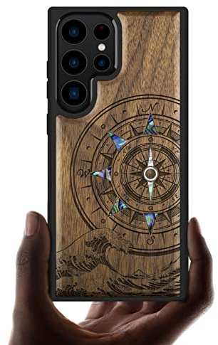 Carveit Designer Wooden Case for Samsung Galaxy S23 Ultra Case Cover [Wood Engraving & Shell Inlay] Wood Phone Case Compatible with Wireless Chargers Galaxy S23 Ultra Case (Wave compass-Walnut)