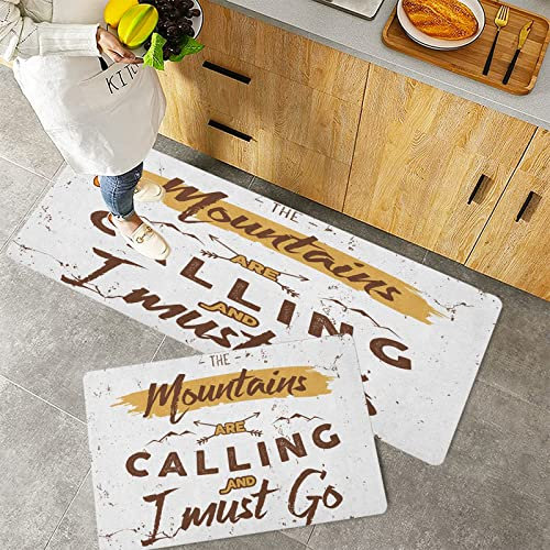 MADVEI Küchenteppich Teppich Läufer Küchenläufer 2 Stück,Abenteuerberge rufen Worte Reisen im Freien inspirierend Grunge, brauner Kaffee,rutschfest waschbar für Flur Küche 40x60 cm+40x120 cm
