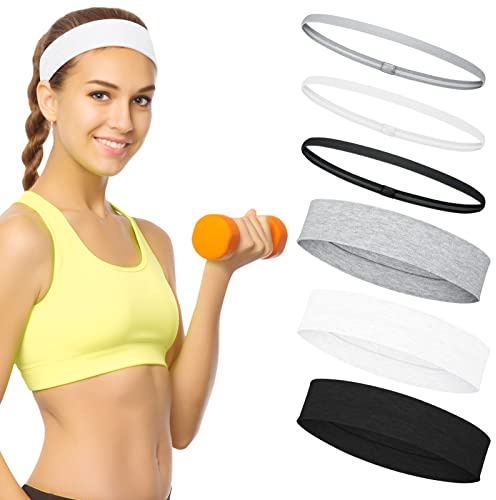 Becellen 6 Stück Elastische Sport-Stirnbänder Satz, rutschfeste Haarband Unisex Feuchtigkeit Wicking Stirnband für für Laufen, Radfahren, Yoga, Basketball (2 Breiten) Schwarz, Grau, Weiß