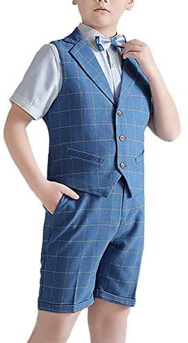 4 Piece Boys Blue Check Suits Wedding Party Pageboy Suits Set Baby Boys Gentleman Suit Plus Size Formal Waistcoat Outfits Summer Boys Shirt + Bow Tie + Vest + Shorts/Trousers Set 15-16 Years