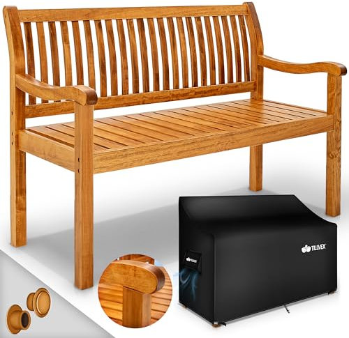 tillvex Gartenbank Holz 3-4 Sitzer inkl. Abdeckung wetterfest 150 cm | Parkbank Massivholz | Balkonbank Sitzbank 320 kg belastbar | Holzbank Gartenmöbel für Balkon, Terrasse & Garten
