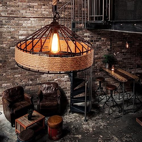 Pendelleuchte Hanfseil Industriestil Retro lampen E27 Aufhängung Typ Rundkäfig Eisen hängelampe Höhenverstellbarer pendelleuchte esstisch Bar Leuchter Für Café Restaurant Deko hängeleuchte (50cm)