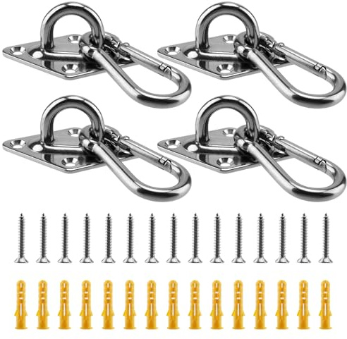 CHUEHKAK 4er-Set M6-Augenplatten, Edelstahl, Schwerlast-Deckenhaken bis 650 kg, Wandöse, Zubehör Befestigung, mit 4 Karabiner 16 Schrauben 16 Dehnschrauben für Sonnensegel