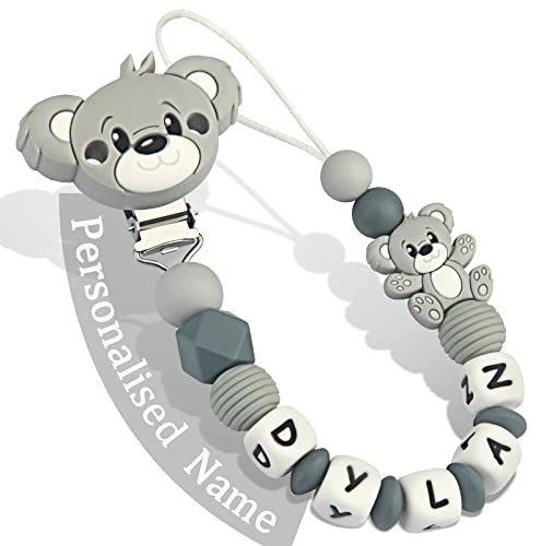 Yolnkos Schnullerkette mit Namen Jungen Mädchen Personalisiert Schnullerclip Teddy Bär(Grau)