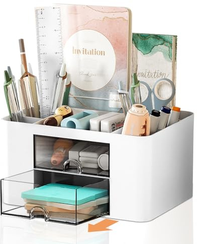 Cayxenful Desk Organiser with 2 Drawers, Plastic Table Stationary Holder, Desk Tidy with 5 Compartments Desktop Storage Holder Stationery Supplies Organizing For Office School Home(White)