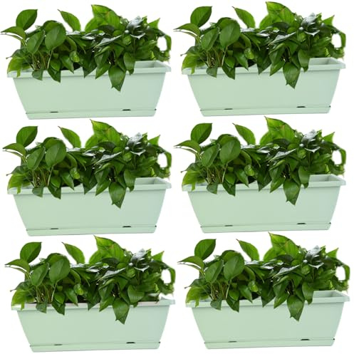 Window Planter, 6Pcs Ventilated Window Planter with Drainage PP Rectangle Planter with Tray 16.9x7.1x6.3in Flower Vegetable Planter for Balcony Windowsill Garden, Green, Window Boxes Planters
