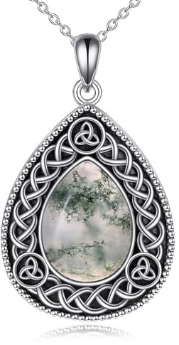 KQF Mondstein/Moos Achat/Lapis Lazuli/Katzenauge/Peridot/Larimar Teardrop Anhänger Kette Sterling Silber Keltische Knoten Kette Achat Irish Schmuck Geschenke für Mädchen Damen