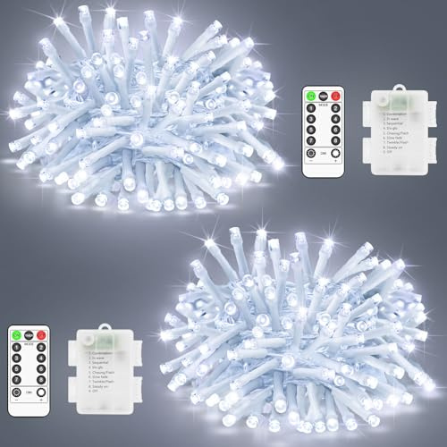 2 Pack Christmas Lights Battery Fairy Lights Total 20M 200 LED String Lights Outdoor Waterproof with Remote Timer 8 Modes for Indoor Outside Garden Party Xmas Bedroom Wedding Decorations Cool White