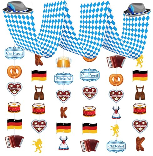 WEDNOK Oktoberfest Hängende Banner 270x30cm Bayrische Deckendakoration Blau Weiß Bayern Partybanner Wiesn Party Deko Oktoberfest Partyzubehör für Bierzelten Biergarten München Bier Festival
