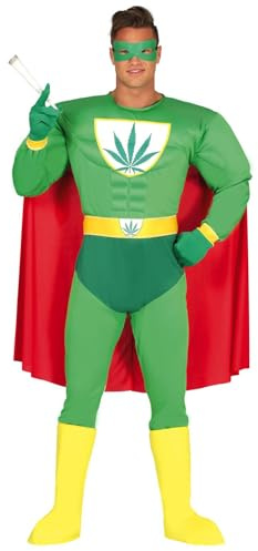 FIESTAS GUIRCA | Disfraz Superhéroe Marihuana Adulto - Antifaz, Capa, Cinturón, Guantes y Mono - Disfraces de Superhéroes y Villanos para Bachelor Party, Carnaval y Fiestas - Hombre - Verde y Rojo