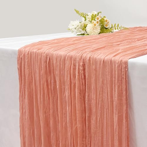 1 chemin de table en étamine, 3 m, 88,9 x 304,8 cm, corail, gaze poudrée de style bohème rustique pour décoration de fête prénatale, fête des mères, fête prénuptiale, mariage, Thanksgiving, Noël