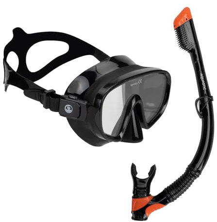 AQUASTIC Cove 2-in-1 Schnorchelmaske und Schnorchel-Set Farbe Schwarz Maske mit gehärtetem Glas Silikon Hypoallergen Maske Schürze und Mundstück für Meer und Urlaub Wasserdicht Komfort