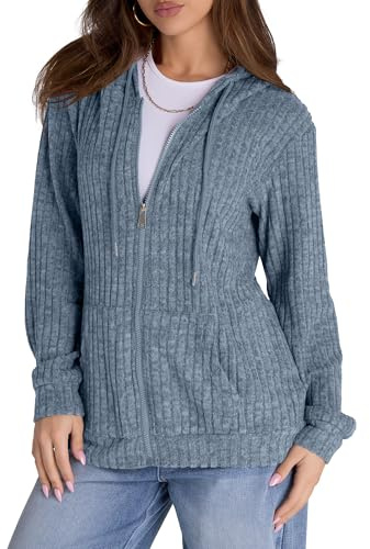 Witsmile Zip Up Hoodie Women Oversized Sweatshirt Long Sleeve 2026 Fall Outfit Lightweight Jackets Workout Clothes Grayish Blue