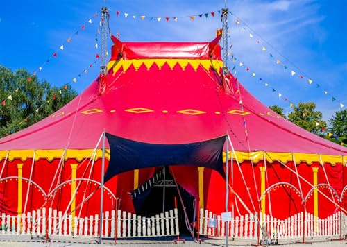 CORFOTO 3x2m Sfondo fotografico con tendone da circo rosso, decorazioni per feste a tema carnevalesco, sfondo fotografico con tendone da circo, forniture per tavoli con torte di carnevale