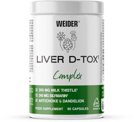 Weider Liver D-Tox Complex (90 Capsules) Extracts of Milk Thistle with 80% de Silymarin, Dandelion and Artichoke, with Choline and Vitamin B6, Vegan (45 Servings)