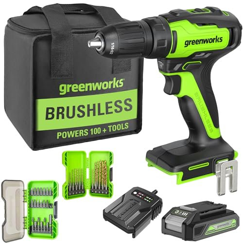 Greenworks 24V Akku-Bohrschrauber 35Nm, Bürstenloser Motor, inkl. 2Ah Akku und Ladegerät, 22-teiliges Bohrerset