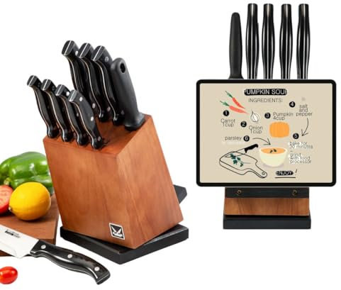 Segenn Lot de 10 couteaux - Avec bloc à couteaux - Avec porte-livre de cuisine mobile pour iPad - 10 pièces - Pivotant à 360° - Avec aiguiseur de couteaux