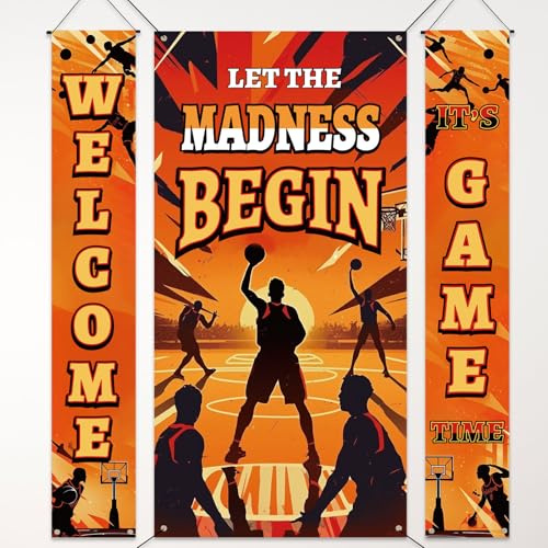 3pcs Basketball Party Decorations, Let the Madness Begin Door Sign with Welcome It's Game Time Couplets Sports Theme Porch Sign Banner Backdrop for Happy Birthday Indoor Outdoor Party Supplies Decor