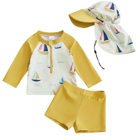 XIXIMAON 1-6 Years Boys Rash Guard Sets Sailboat Print Long Sleeve Zipper Swim Shirt Shorts Hat Set 3pcs Baby Boy Swimsuit Toddler Boy Bathing Suit Beachwear (Yellow, 3-4 Years)