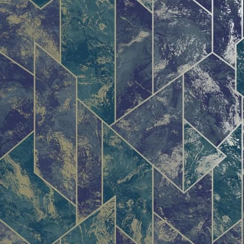 YöL Navy Zarci Geometric Wallpaper - Luxurious Marbled Texture Metallic Outline - Deep Blue Teal Abstract Pattern - Scrubbable Strippable Paste The Wall - Contemporary Modern Elegant Home Decor