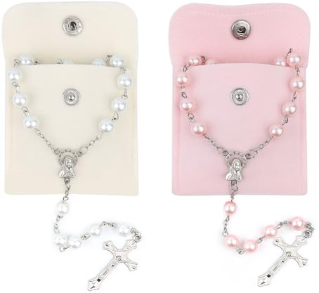 QMLING Catholic Rosary Beads Necklace: 2 PCS Glass Beads Necklaces with Button Bags, Prayer Bead with Crucifix and Virgin Mary Medal for Women Men (White and Pink)