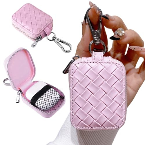 Fofvccv Headphone Case, PU Leather Earbud Case Lattice Pink | Rhombus Zipper Earphone Storage Organizer with Mesh Pocket & Keychain for AirPods, Wireless Wired Earphones, USB Cable