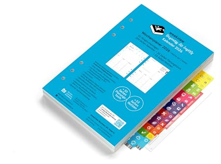 weekview Business Einlagen 2026, A5 – Wochenplaner, 1 Woche auf 2 Seiten, inkl. 64 Seiten Planungstools, Notizteil, Griffregister und Sticker – Filofax-A5-Lochung, 90g Papier, Made in Germany