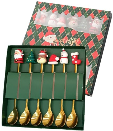Cucchiai natalizi 6 pezzi Cucchiaini per mescolare il caffè in acciaio inossidabile Stoviglie da 6 pollici per caffè, tè, zuppa, dessert, cioccolata calda, cioccolata calda