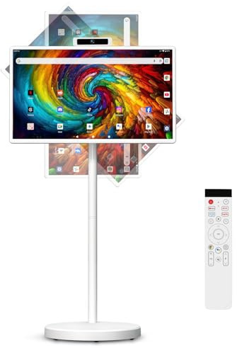 32 Portable Smart TV with Android 15, 1080P Touch Screen Monitor on Wheels, EDLA-Certified, 8GB+128GB Storage, 5MP Camera, 10H Playing Time, Rotatable Display, Wireless Casting, Voice Remote Control