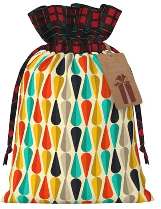 Weihnachtsbeutel im Mid-Century-Stil der 50er-Jahre, tropfenförmig, in Retro-Farben, mit Kordelzug, Aufbewahrungsbeutel für Weihnachtspapier, mit Etiketten, mittelgroß