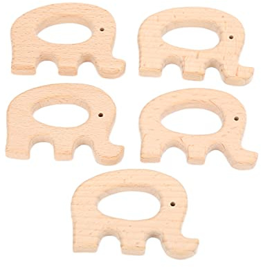 Fdit Natürliches Holz-Baby-Beißring-Set, 5-teiliges Beißspielzeug aus Massivem Buchenholz für Kleinkinder von 0 Bis 12 Monaten, Montessori-Sensor-Kauringe, Babyparty-Geschenk (Elefant)