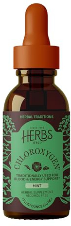 Herbs Etc. ChlorOxygen Chlorophyll Concentrate Mint Alcohol Free Liquid Extract - Liquid Chlorophyll Drops - Detoxifying & Deodorizing - Skin, Gut & Energy Support - 1 fl oz (66 Servings)