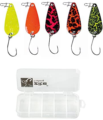 Zite Fishing Forellen-Blinker-Set Neon - 5 Stück 3cm 3g - Fängige Ultra Light UV-Angelköder mit Einzelhaken in Trout-Spoon Köder-Box