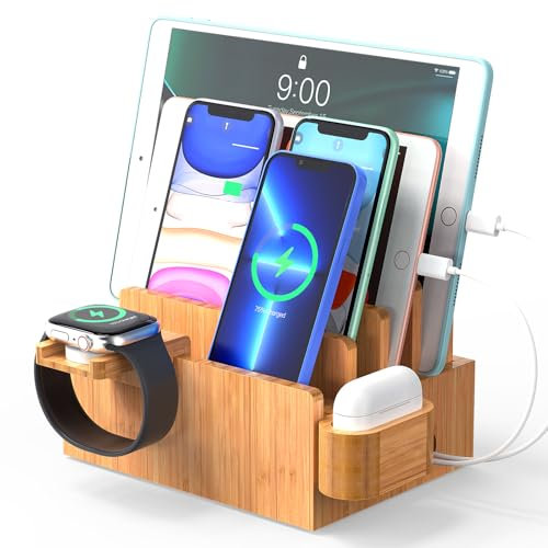 Bamboo Charging Station Rack for Multi Devices, Wooden Charge Dock for Cell Phones & Tablet, Nightstand Organizer Storage Box, With Detachable Stands for Smart Watch & Earbuds (No Adapter)