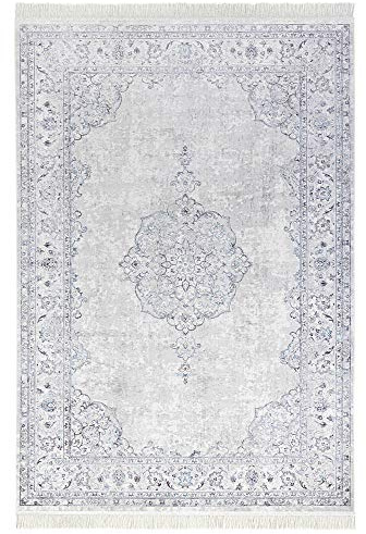 Nouristan Orientalischer Teppich – Wohnzimmerteppich mit Fransen Oriental Vintage Medaillon Naveh Samt-Teppich für Wohnzimmer, Schlafzimmer, Esszimmer, Küche, Flur – Pastell-Blau, 95x140cm