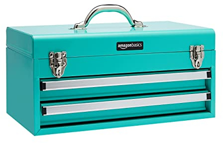 Amazon Basics Steel Tool Box Storage and Organization Drawers, Tool Storage with Powder Coat Finish, 18.11 x 8.66 x 9.45 in, Turquoise