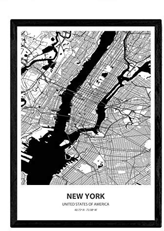 Nacnic Poster mit Karte von New York - USA. Klingen der Vereinigten Staaten Städte mit Meeren und Flüssen in der schwarzen Farbe. A3 Größe mit Rahmen