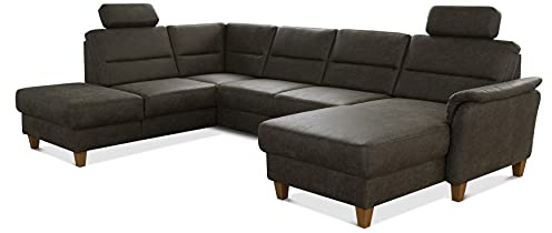 CAVADORE U-Form-Sofa Palera / Federkern-Wohnlandschaft mit 2 Kopfstützen / 314 x 89 x 212 / Mikrofaser in Lederoptik, Oliv