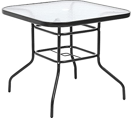 Panana 80cm Square Garden Dining Table with Tempered Glass Top Metal Frame Outdoor Coffee Table Parasol Umbrella Stand Hole Patio Balcony Backyard Lawn Black
